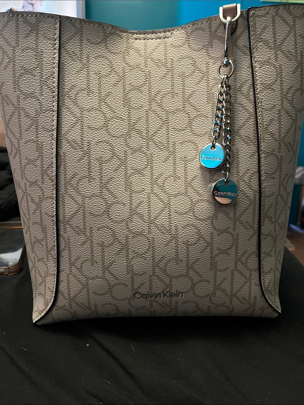 Calvin Klein Taupe Logo Print Tote with Charm